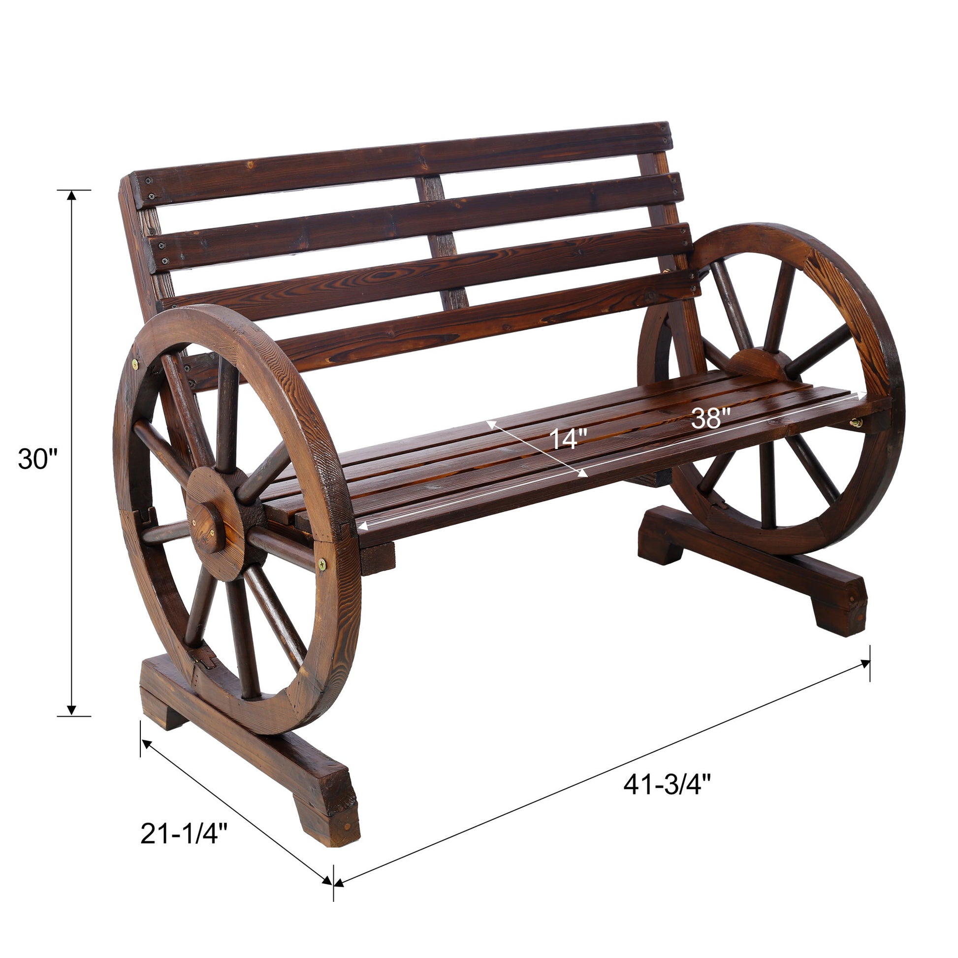 Rustic Country 2 Person Wooden Wagon Wheel Bench With Slatted Seat And Backrest - Brown Home Essentials