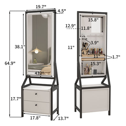 Modern Design Rotating Floor Standing Mirror Closet & Spacious Storage Area - White