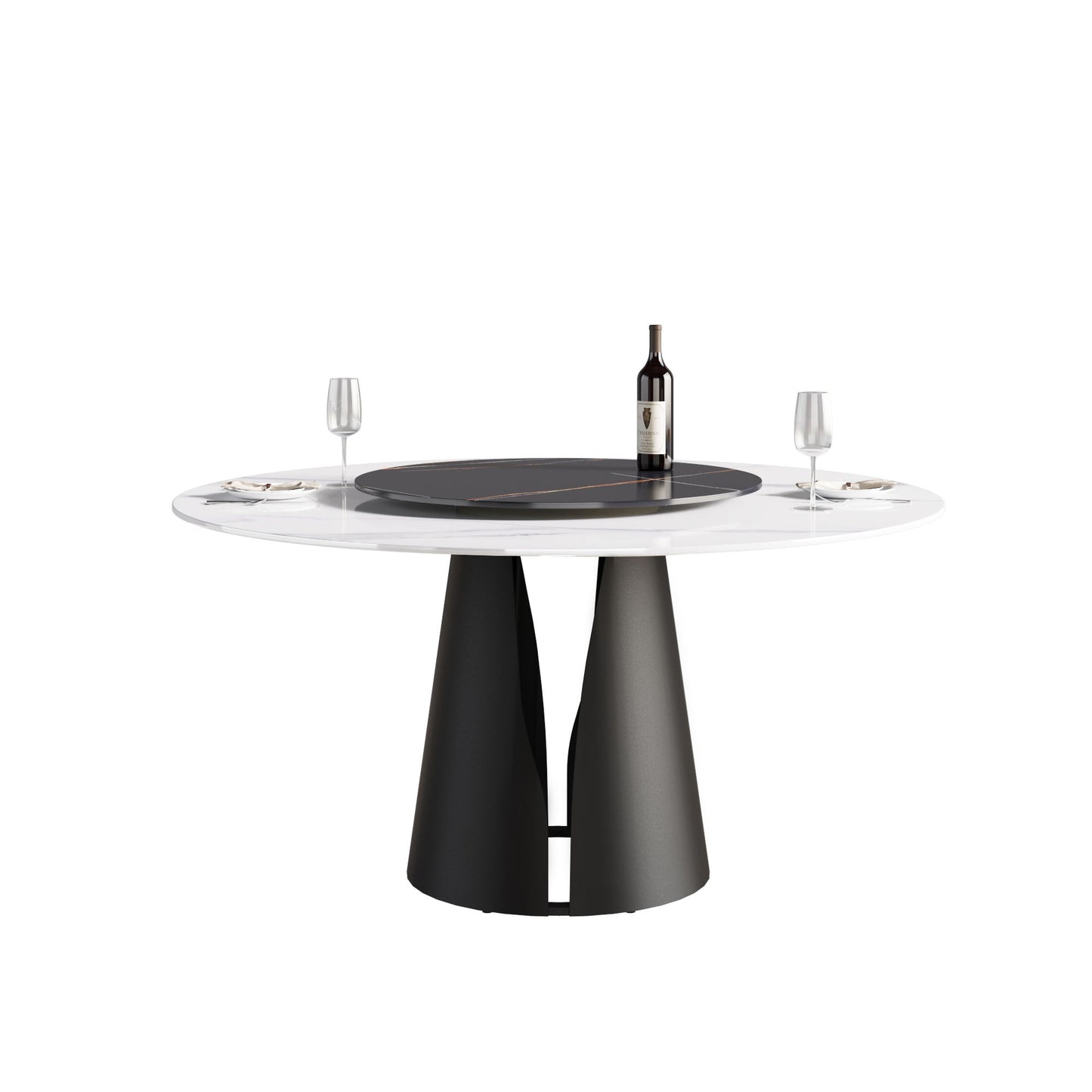 Modern Artificial Stone Round Carbon Steel Base Dining Table, Can Accommodate 6 People, Black Artificial Stone Turntable Home Essentials