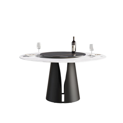 Modern Artificial Stone Round Carbon Steel Base Dining Table, Can Accommodate 6 People, Black Artificial Stone Turntable Home Essentials