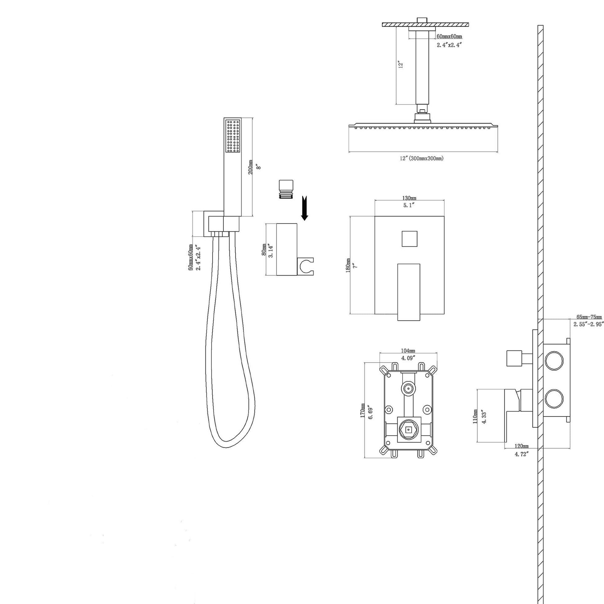 Luxury Dual Shower Head System 12" Ceiling Mount With Rough In Valve, Stainless Steel And Brass Daily Nest