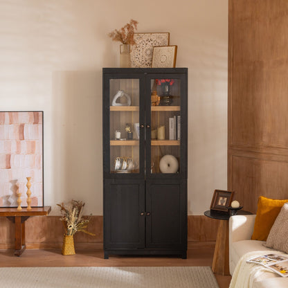 Mid Century Modern Style Tall Display Cabinet With Glass Doors For Collectibles - Black Hearth and Haven