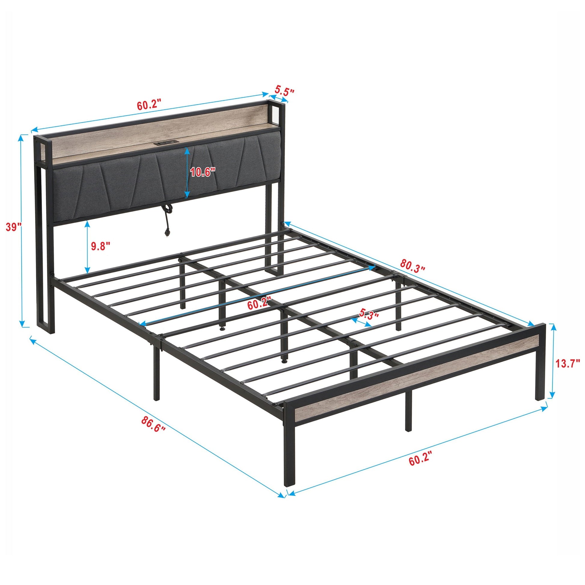 Modern Bed Frame With LED Lights, Upholstered Headboard, USB Charging Home Essentials