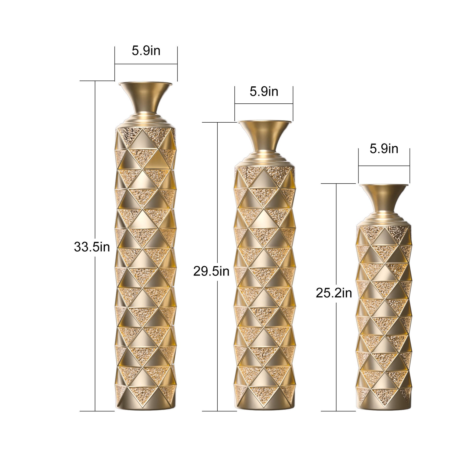 Metal Decorative Vase High Distress Metal Center Vase With 3D Triangle Pattern, (Set of 3) Vases For Home Decoration - Gold Daily Nest