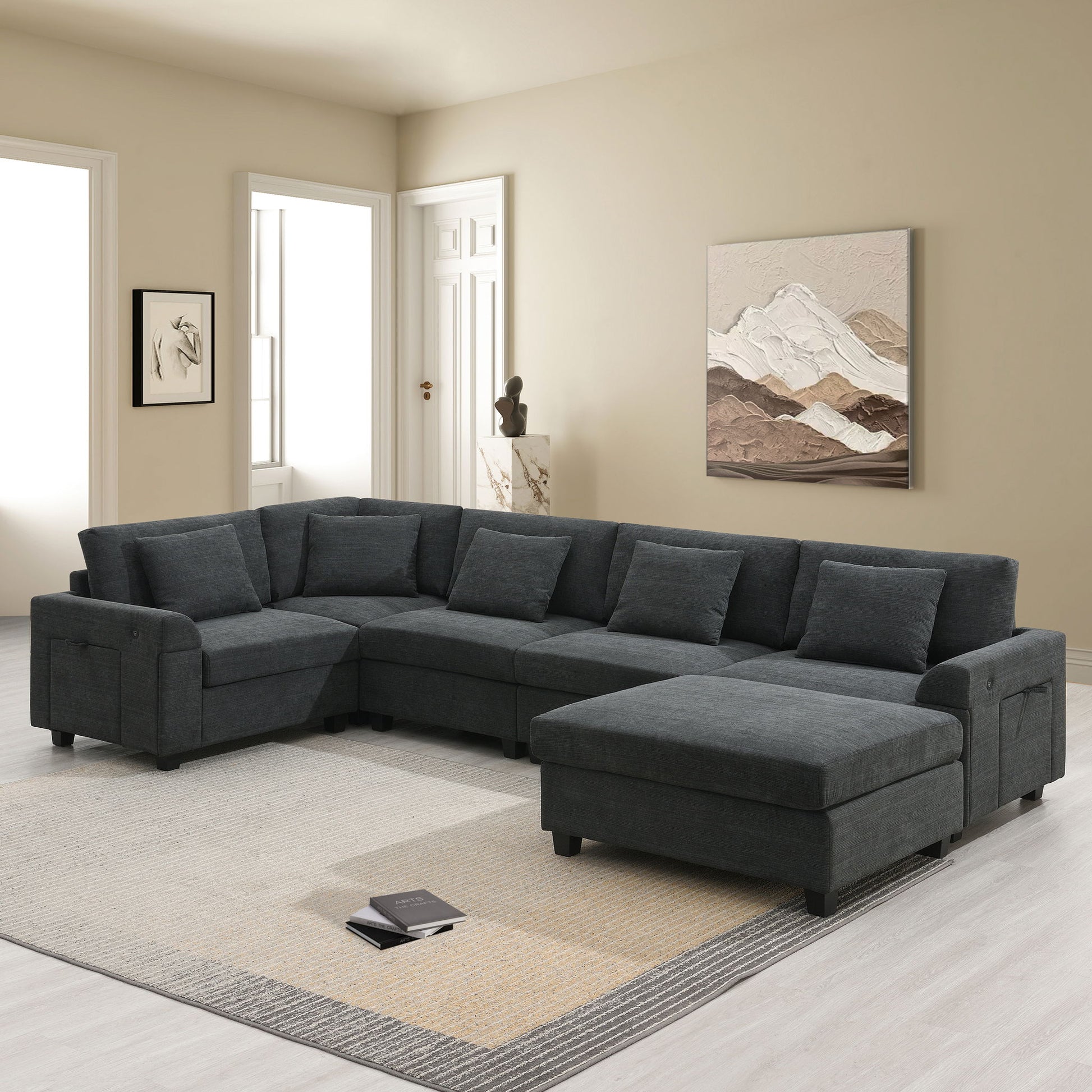 U Shaped Sectional Sofa 6 Seat Couch Set With Oversized Ottoman, Hidden Armrest Storage And Cup Holders USB Charging Ports Wide Seat Sofa Luxe & Co.