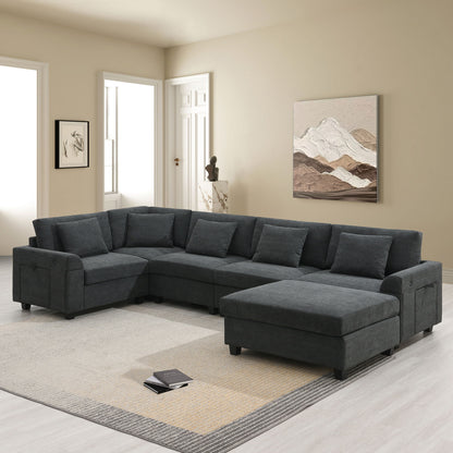 U Shaped Sectional Sofa 6 Seat Couch Set With Oversized Ottoman, Hidden Armrest Storage And Cup Holders USB Charging Ports Wide Seat Sofa Luxe & Co.