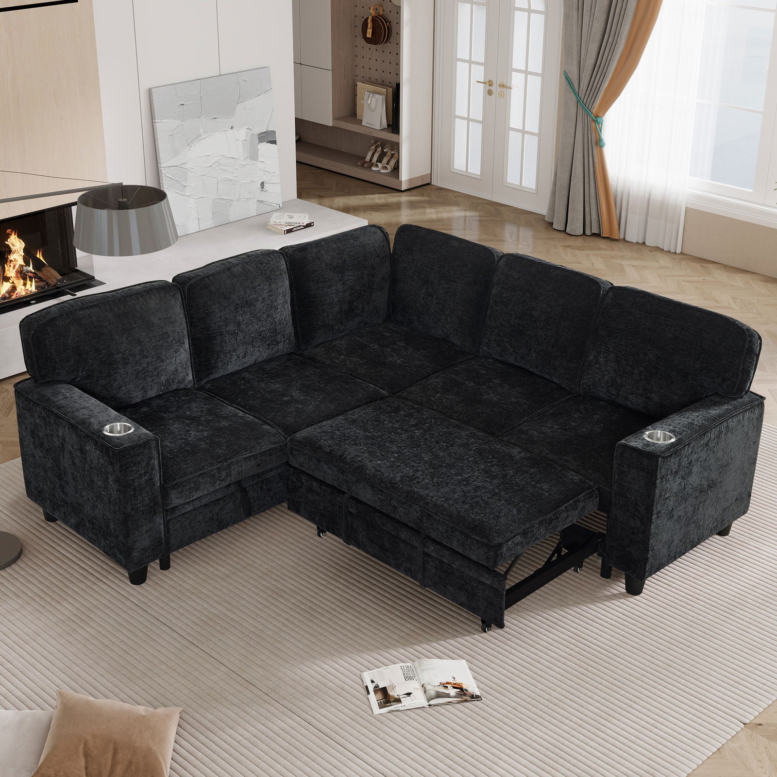 L-Shaped Sofa With Pull Out Sofa Bed With USB Home Essentials