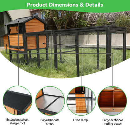 Chicken Coop With Run And Nesting Box, Large Outdoor Hen House For Backyard - Brown / Black Daily Nest