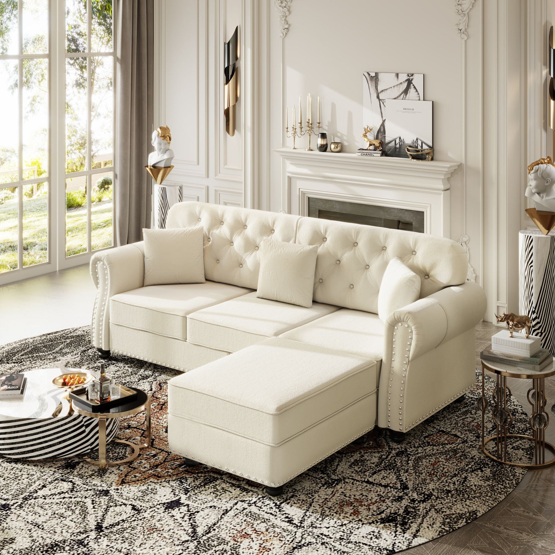 Upholstered 3 Seater Sofa Set With Ottoman Home Essentials
