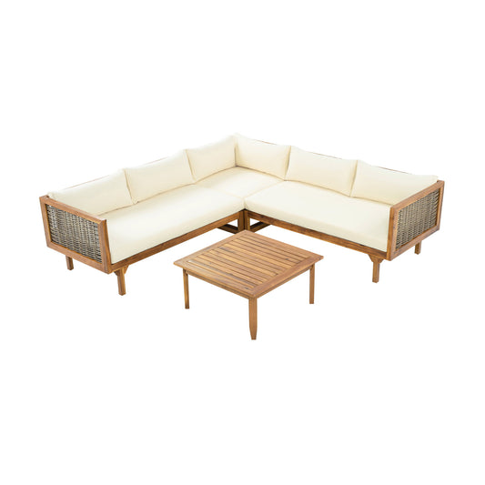 Premium Outdoor Sofa Set With Waterproof Cushions Sectional Seating Group With Acacia Wood And Wicker - Brown Mix / Beige Noble House