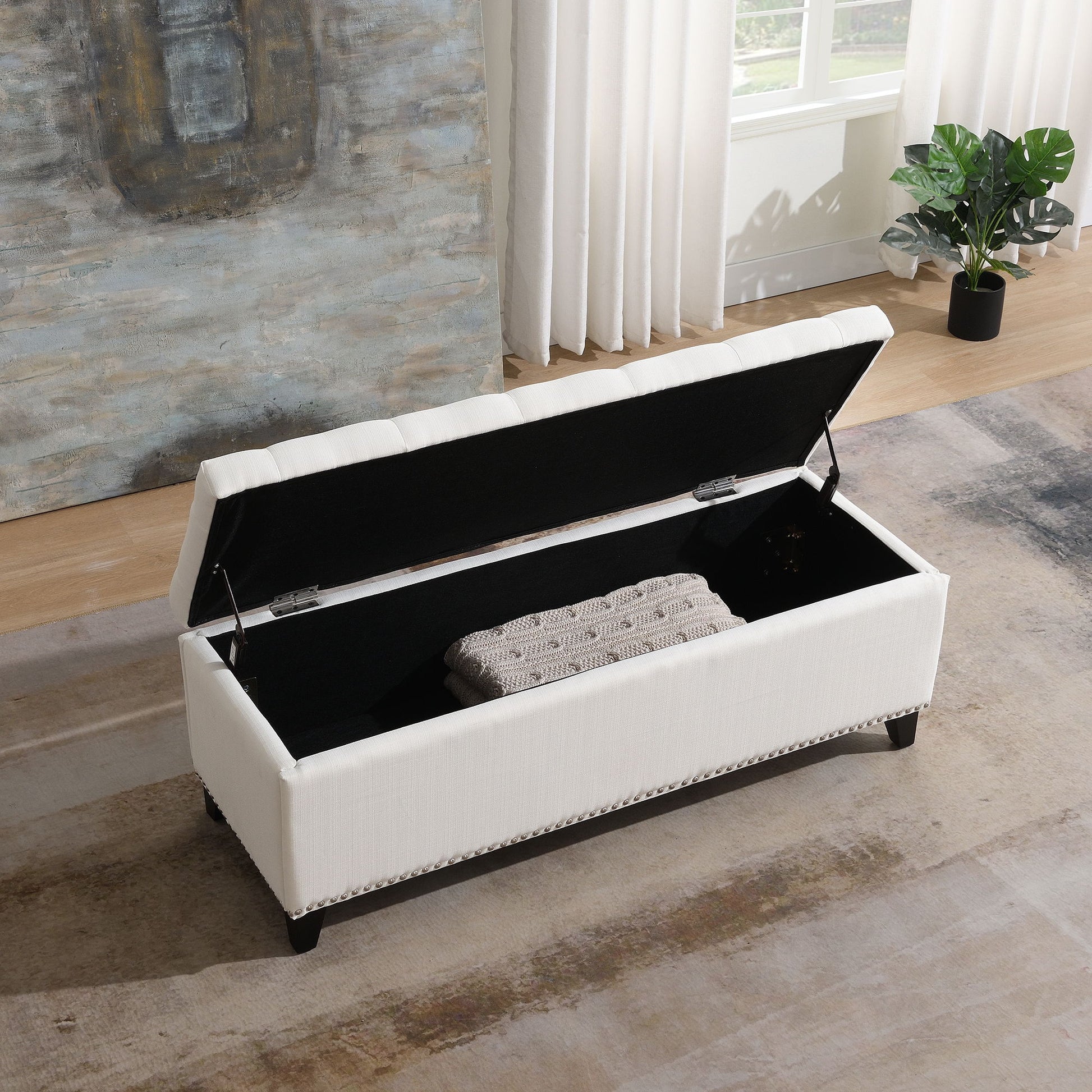 Button-Tufted Storage Ottoman With Safety Close Hinge Home Essentials