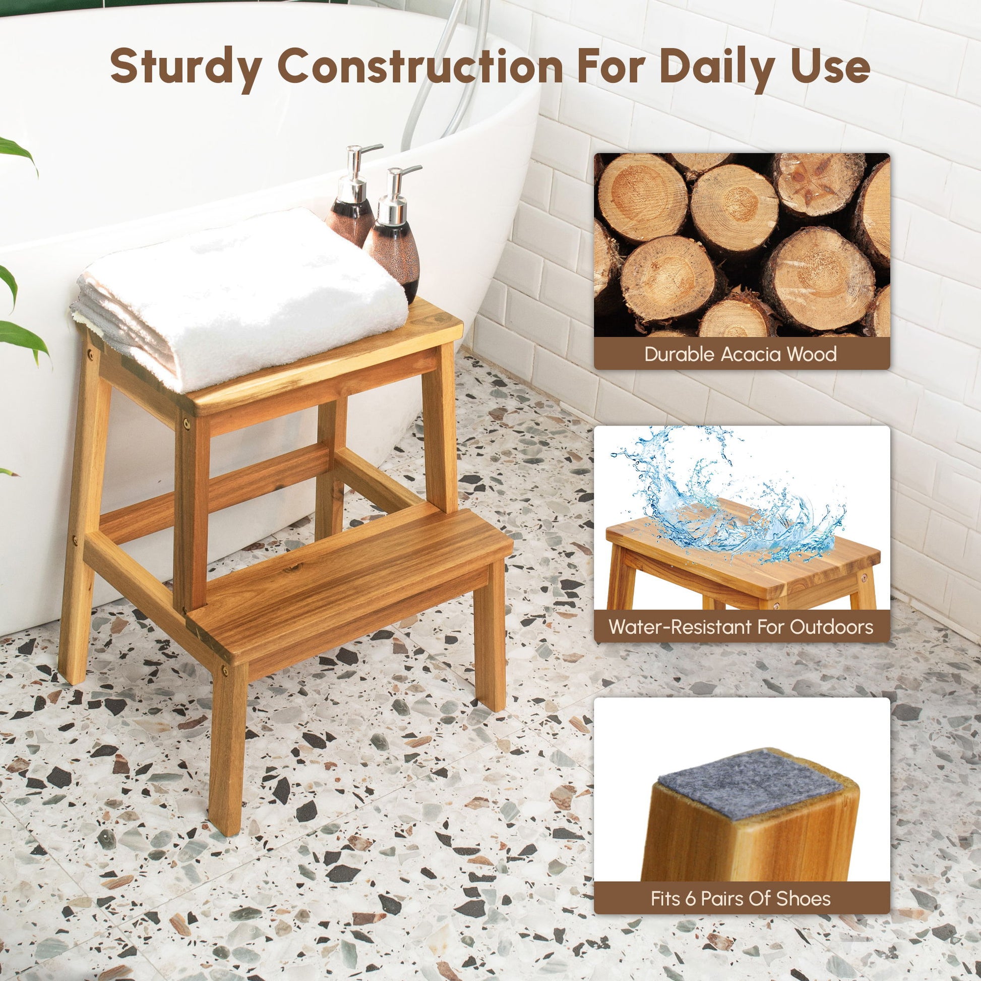 2 Step Stool, Indoor / Outdoor Use - Acacia Wood Home Essentials