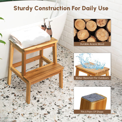 2 Step Stool, Indoor / Outdoor Use - Acacia Wood Home Essentials