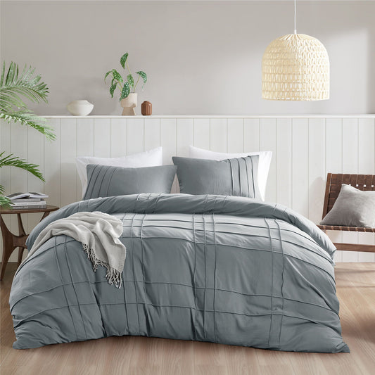Porter - California King Soft Washed Pleated Duvet Cover Set - Blue/Gray Super Listing