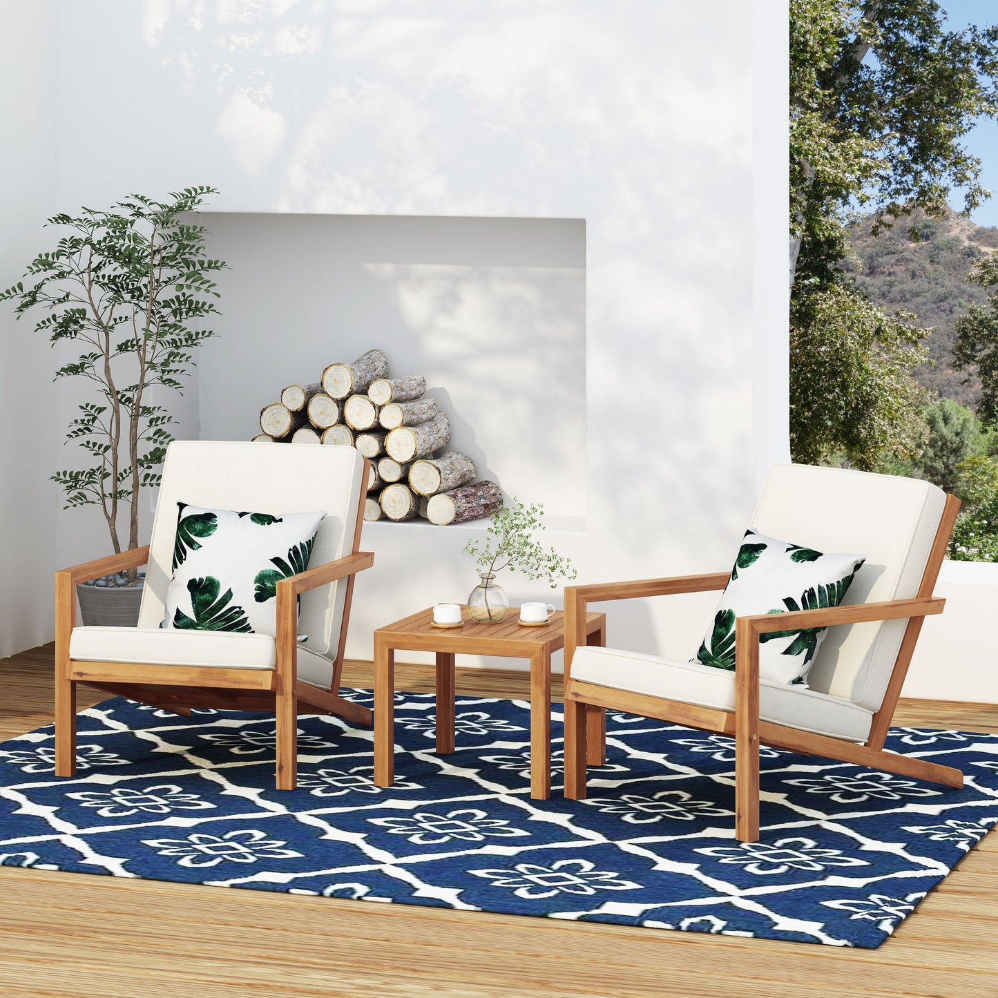3 Piece Outdoor Chat Set With Table And 2 Adirondack Chairs - White / Brown Patina Noble House