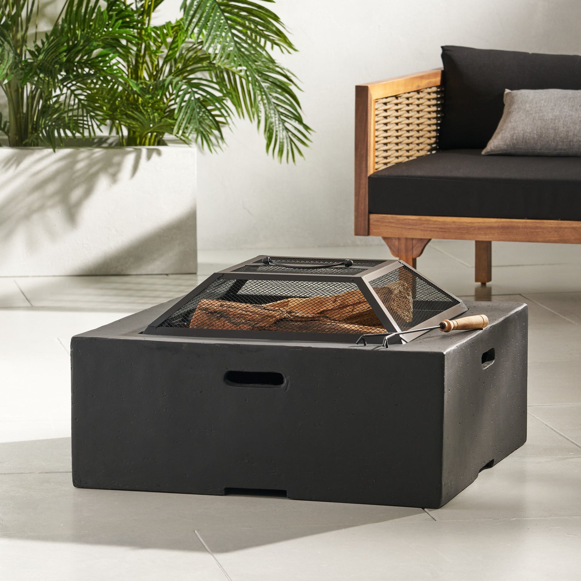Outdoor Square Mgo Wood Burning Fire Pit - Dark Gray Noble House