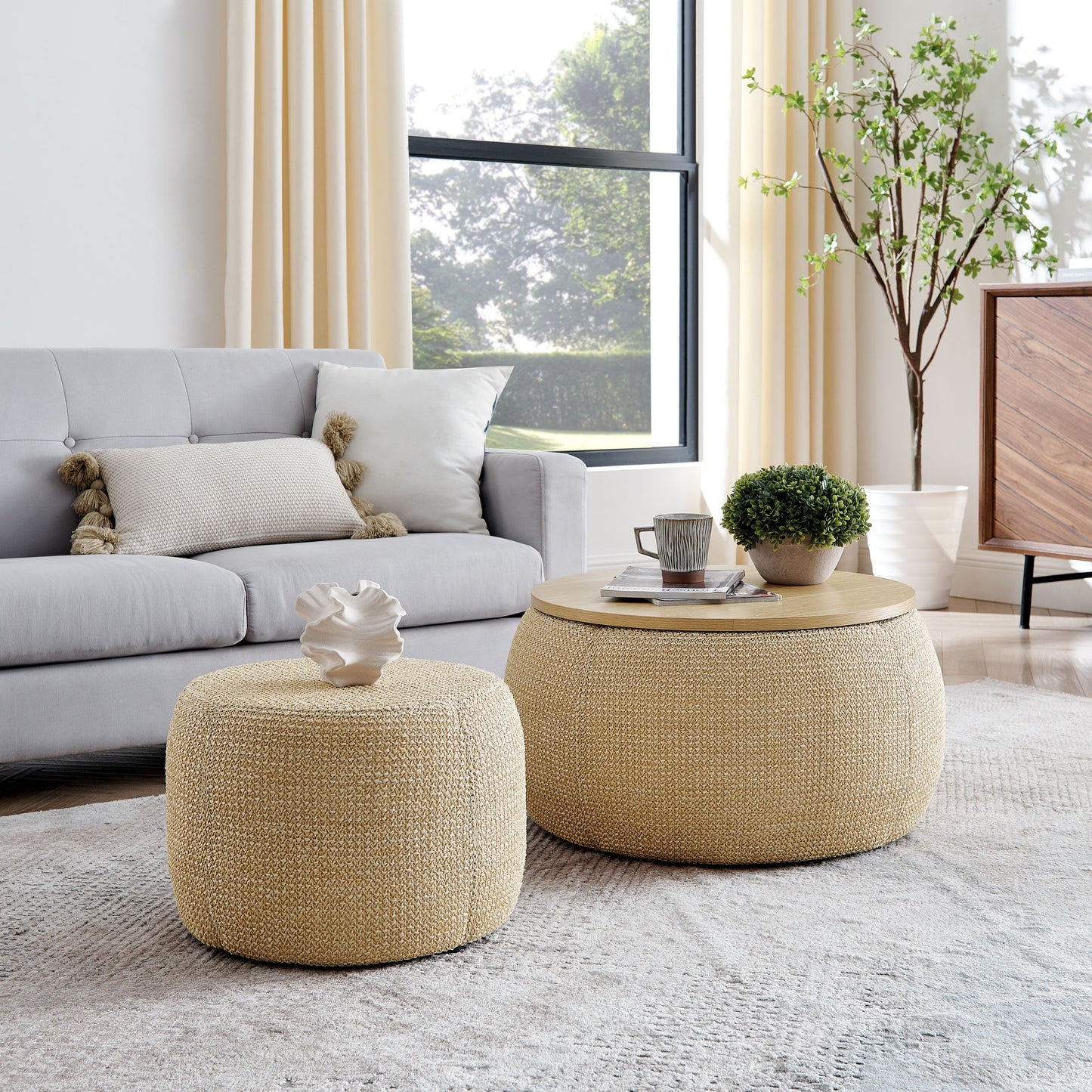 Round Storage Ottoman, 2 In 1 Function, End Table And Ottoman Home Essentials