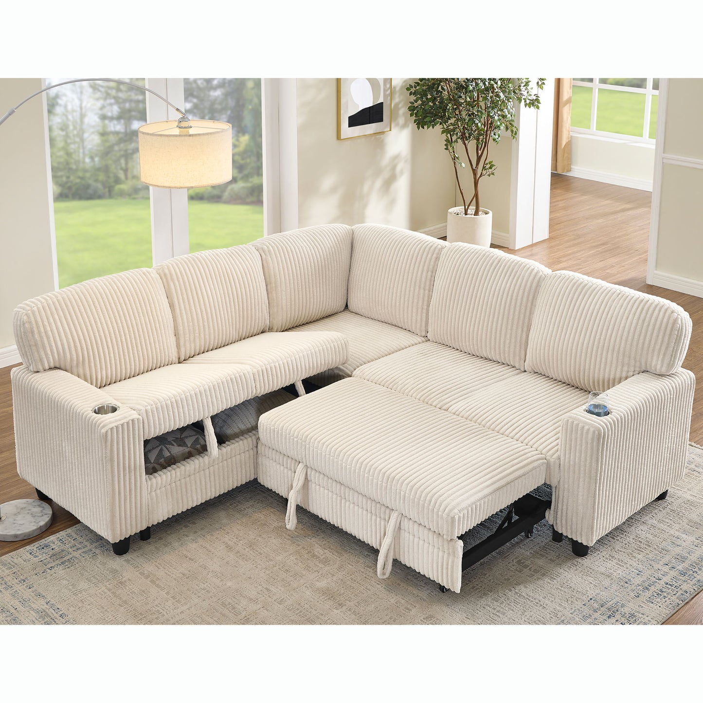 L-Shaped Sofa With Pull Out Sofa Bed With USB Home Essentials