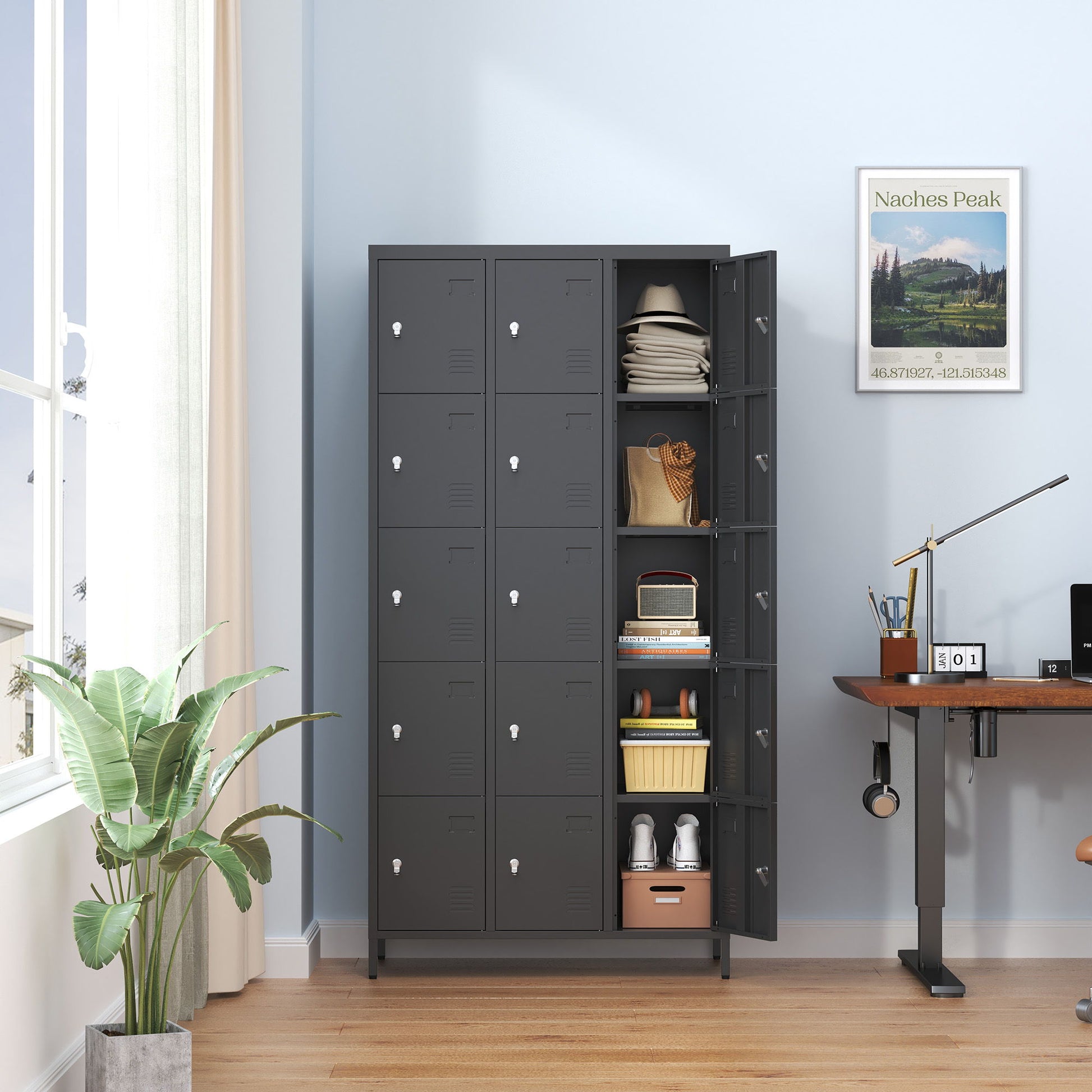 15 Door Lockers With Lock For Employee Storage - Black Home Essentials