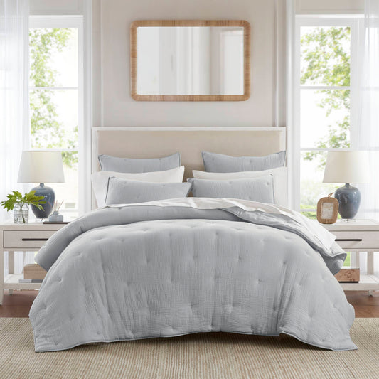 Breeze - King Cotton Gauze Embroidered Quilt Set - Blue Harbor House Blue