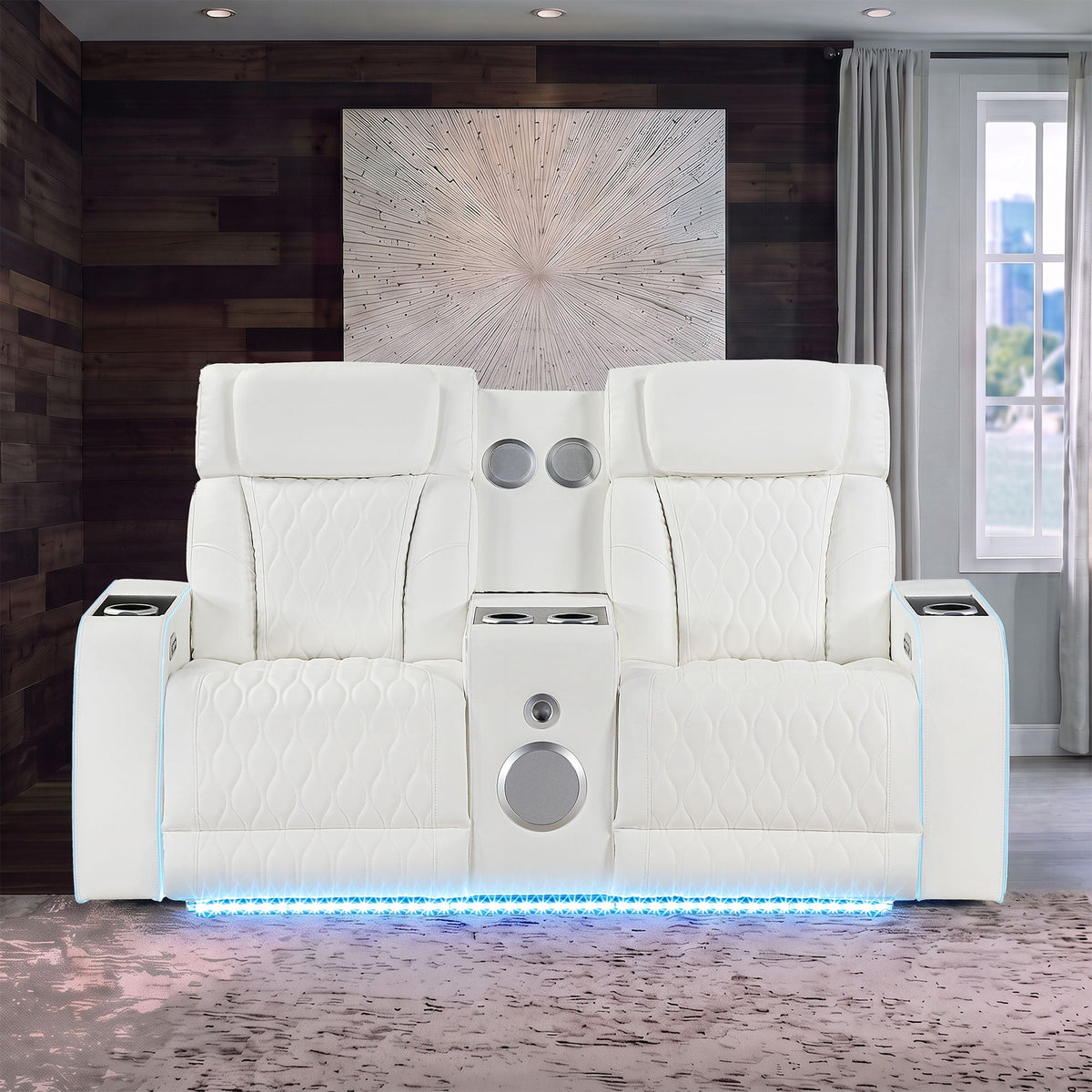 Electra - Power Reclining Loveseat With Power Headrests, Console, Speakers, Massage, LED Lighting And USB Control Matrix Furniture Group