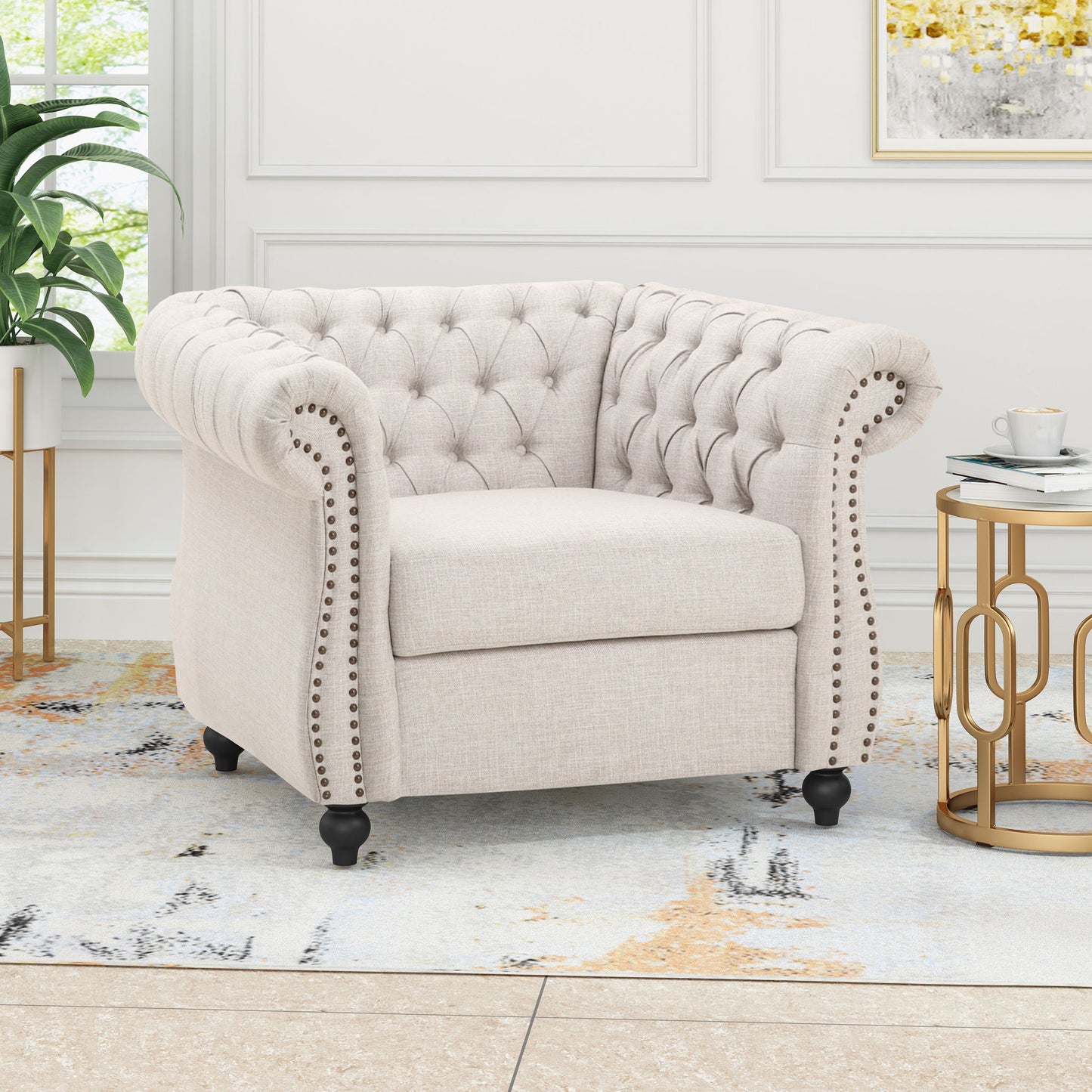 Nexuson - Upholstered Chesterfield Chair With Deep Tufted And Nailhead Trim Noble House