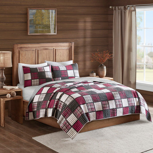 Tulsa - Oversized Plaid Print Quilt Set - Red / Gray