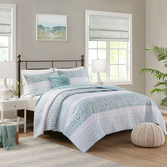Caralie - 4 Piece Full Seersucker Coverlet Set With Throw Pillow - Aqua Madison Park