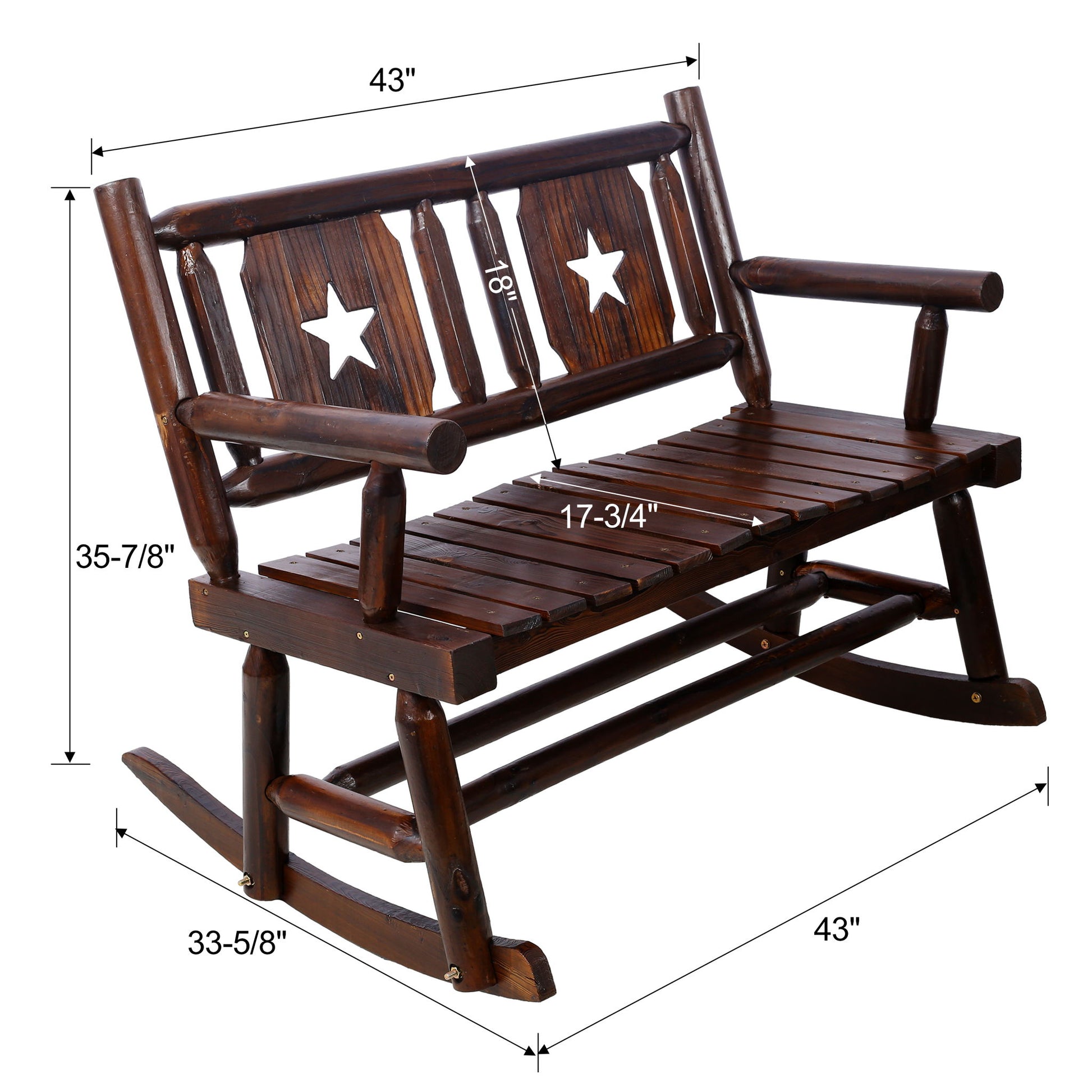 Rustic Outdoor Wood Rocking Bench Double Rocking Chair For 2 Persons With Curved Seat, Porch Rocker - Brown Home Essentials