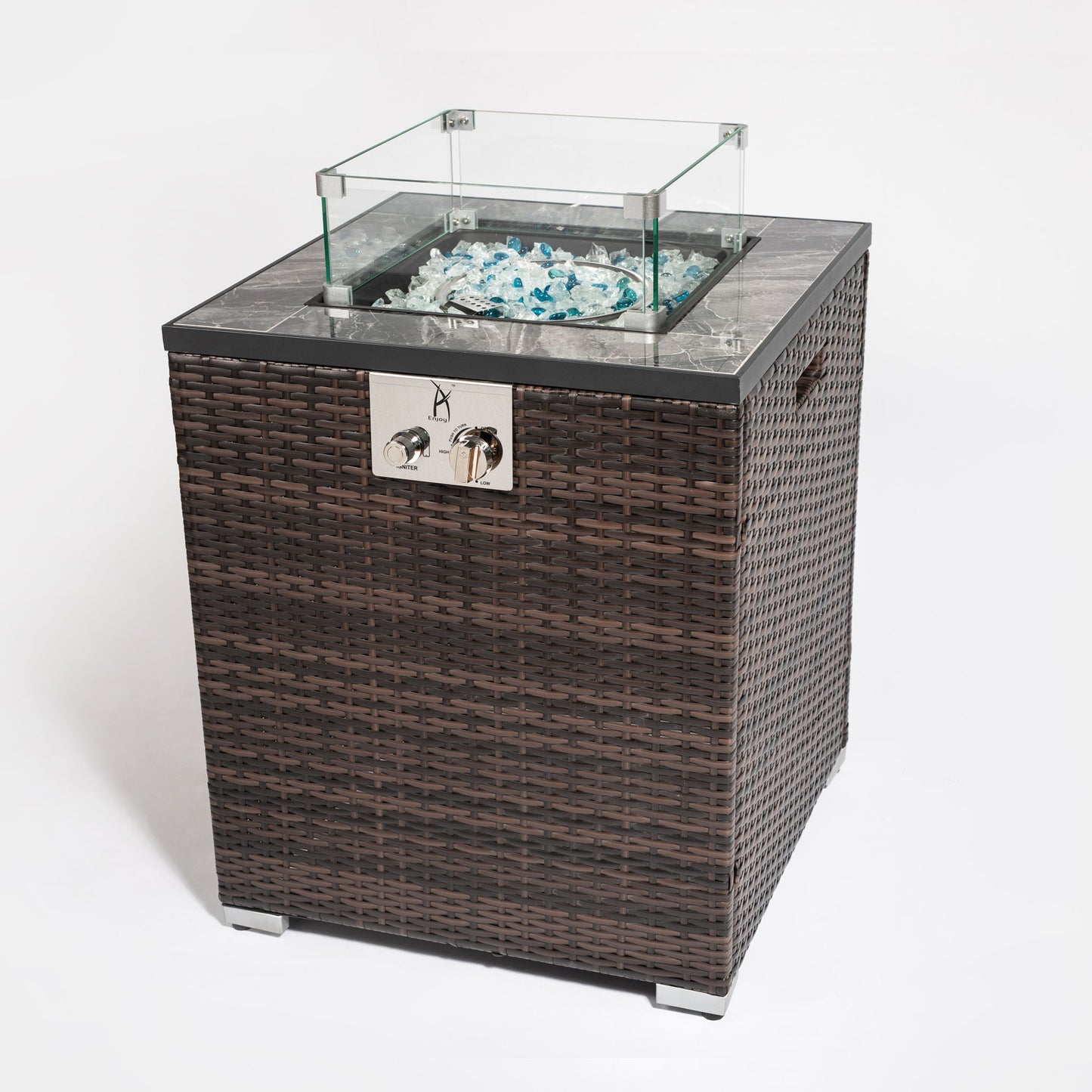 Propane Gas Square Fire Pit, Tile Tabletop With Beautiful Wicker Base For Outside Home Essentials