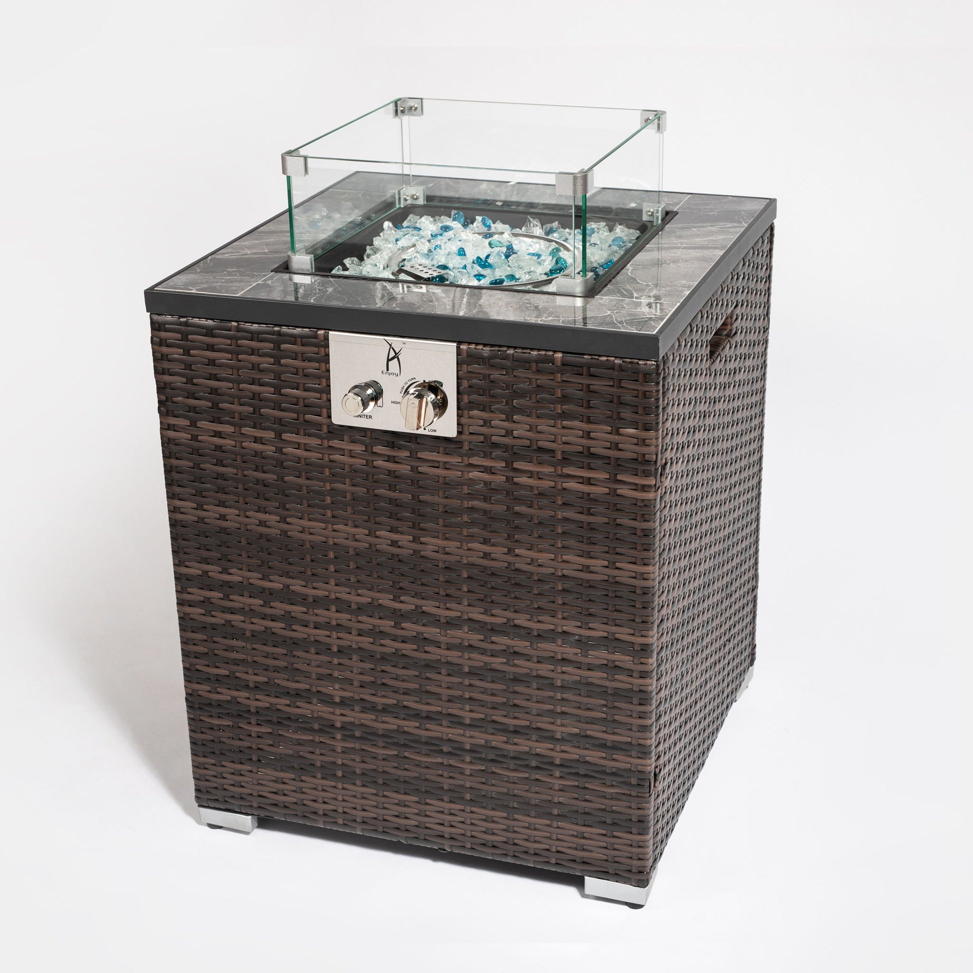 Propane Gas Square Fire Pit, Tile Tabletop With Beautiful Wicker Base For Outside Home Essentials