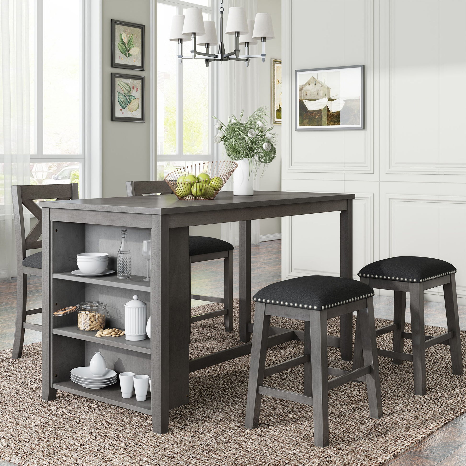 5 Pieces Counter Height Rustic Farmhouse Dining Room Wooden Bar Table Set With 2 Stools And 2 Chairs Hearth and Haven