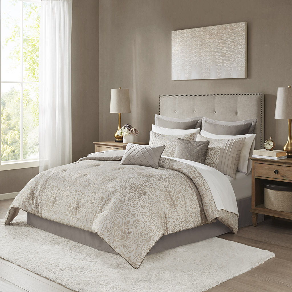 Emilia - Queen 12 Piece Complete Bed Set - Khaki Madison Park