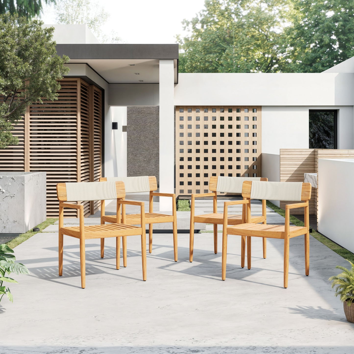 Creative Braided Acacia Wood Outdoor Dining Table And Chairs With Armrests (Set of 2) - Teak / White Noble House