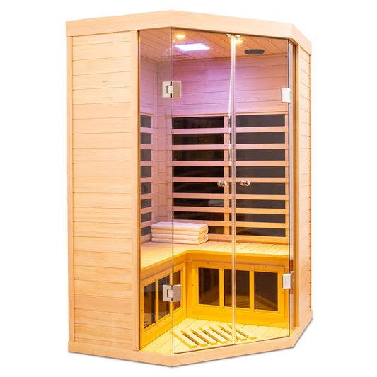 2 Persons Large Glass Front Deluxe Version Hemlock Far Infrared Corner Sauna Room - Natural Daily Nest