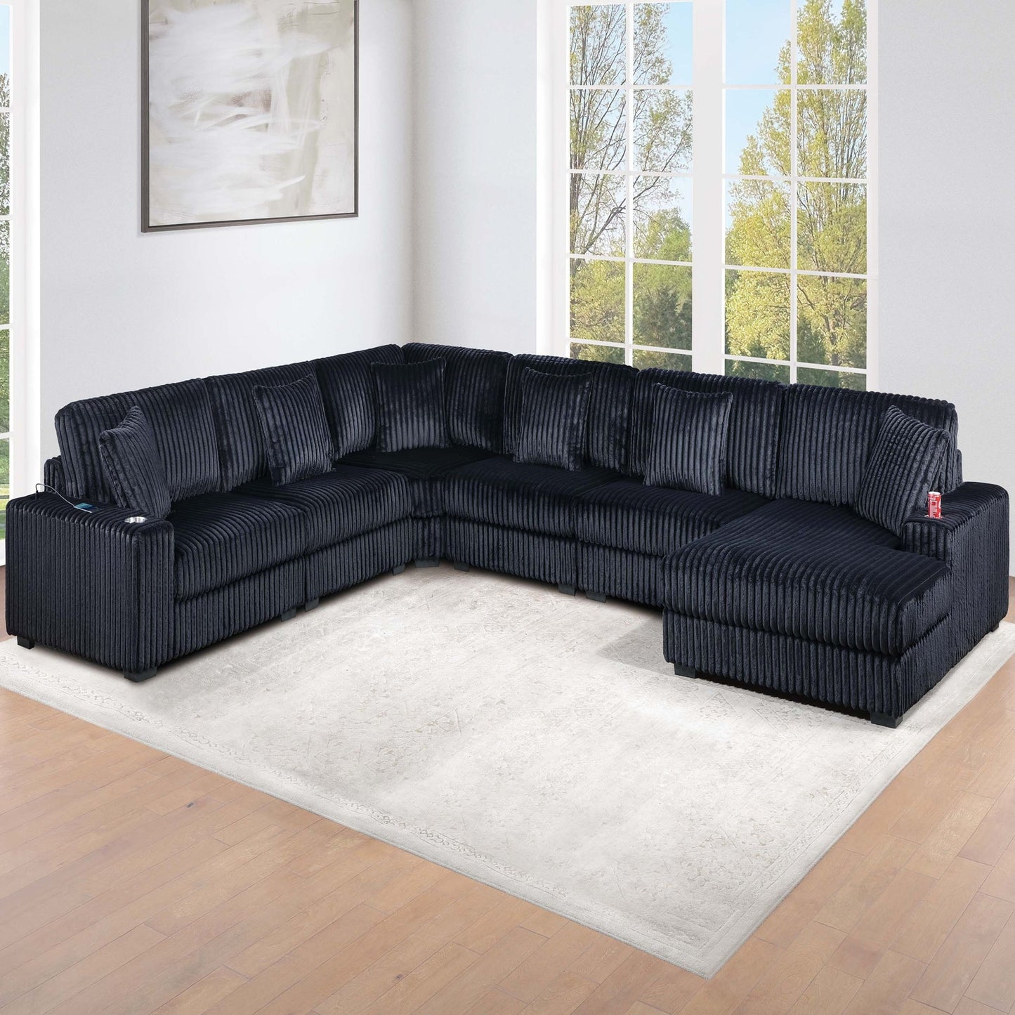 6 Piece Modular Sectional Sofa Set Upholstered Living Room Plush Couch With Cup Holders And USB Port - Black Home Essentials