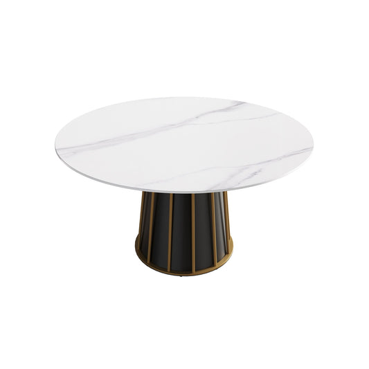 53.15" Modern Artificial Stone Round Panel Metal Iron Base Dining Table, Can Accommodate 6 People, (Not Including Chairs) - White / Black Home Essentials