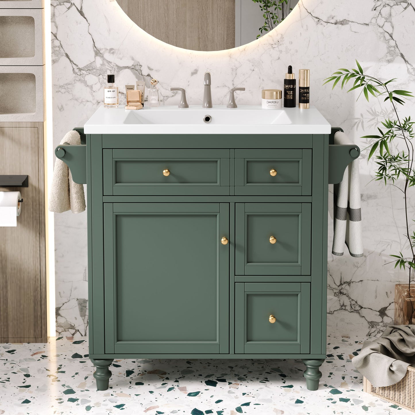 Bathroom Vanity With Top Sink, Modern Storage Cabinet With 2 Drawers And A Tip-Out Drawer