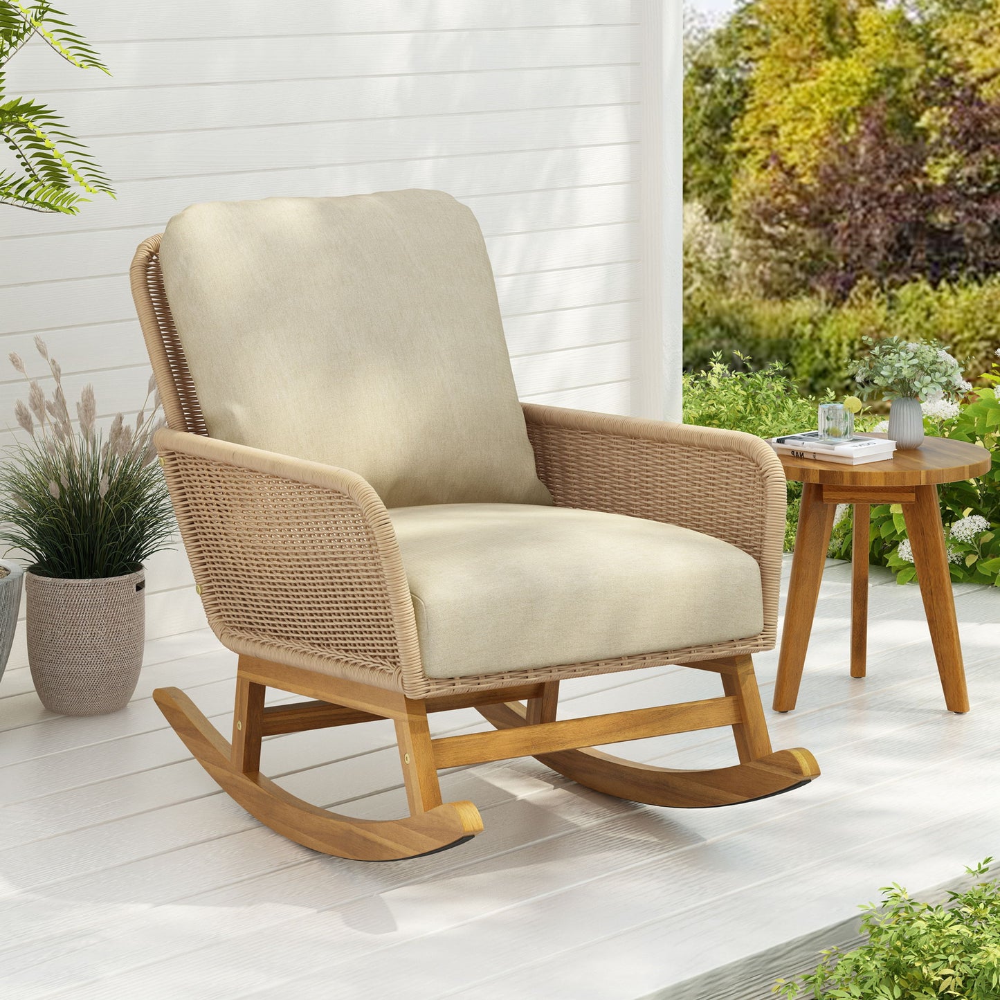Contemporary Minimalist Wicker Rocking Chair With Soft Cushions Noble House