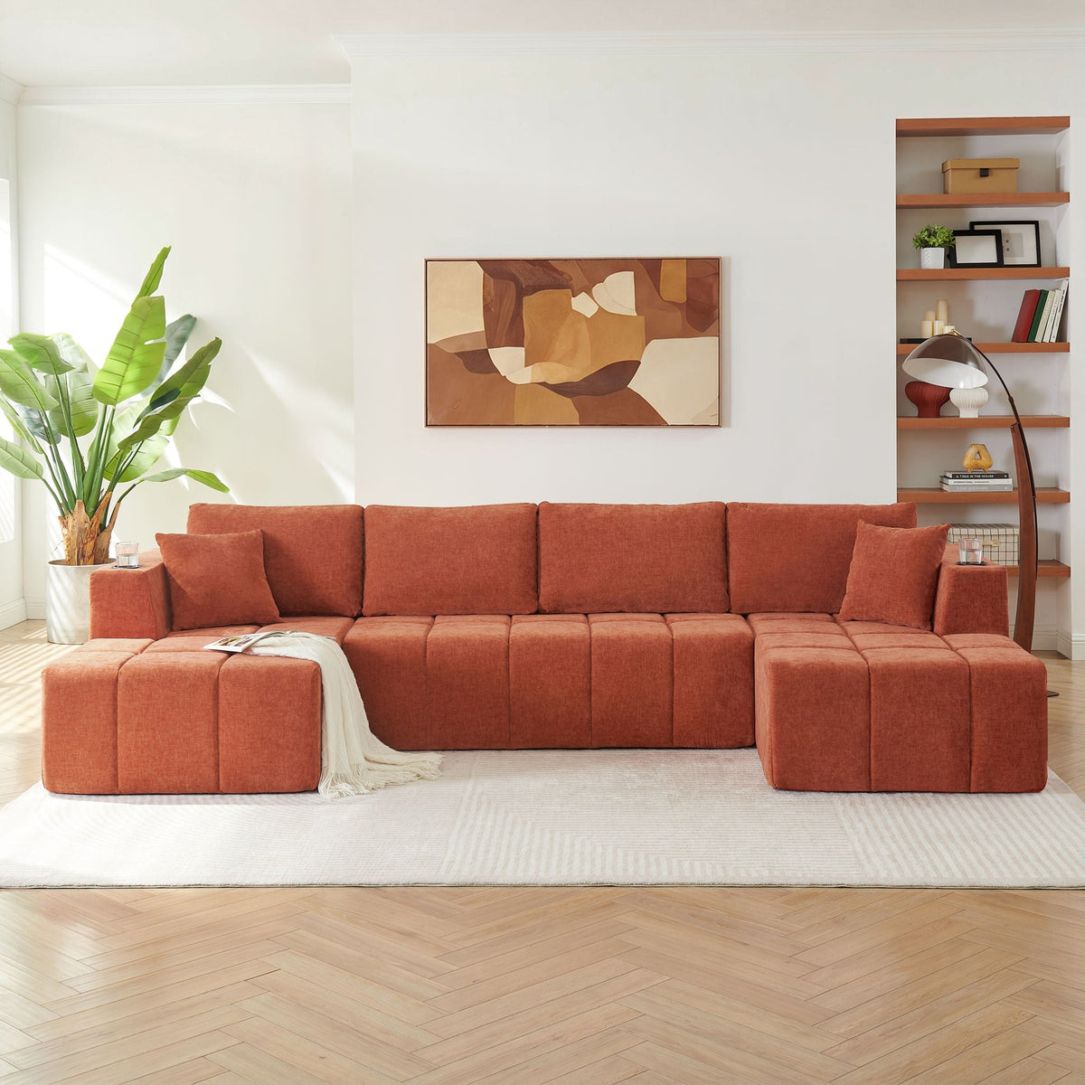 U - Shaped Sectional Sofa, Cup Holders & Side Pockets For Living Room Home Essentials