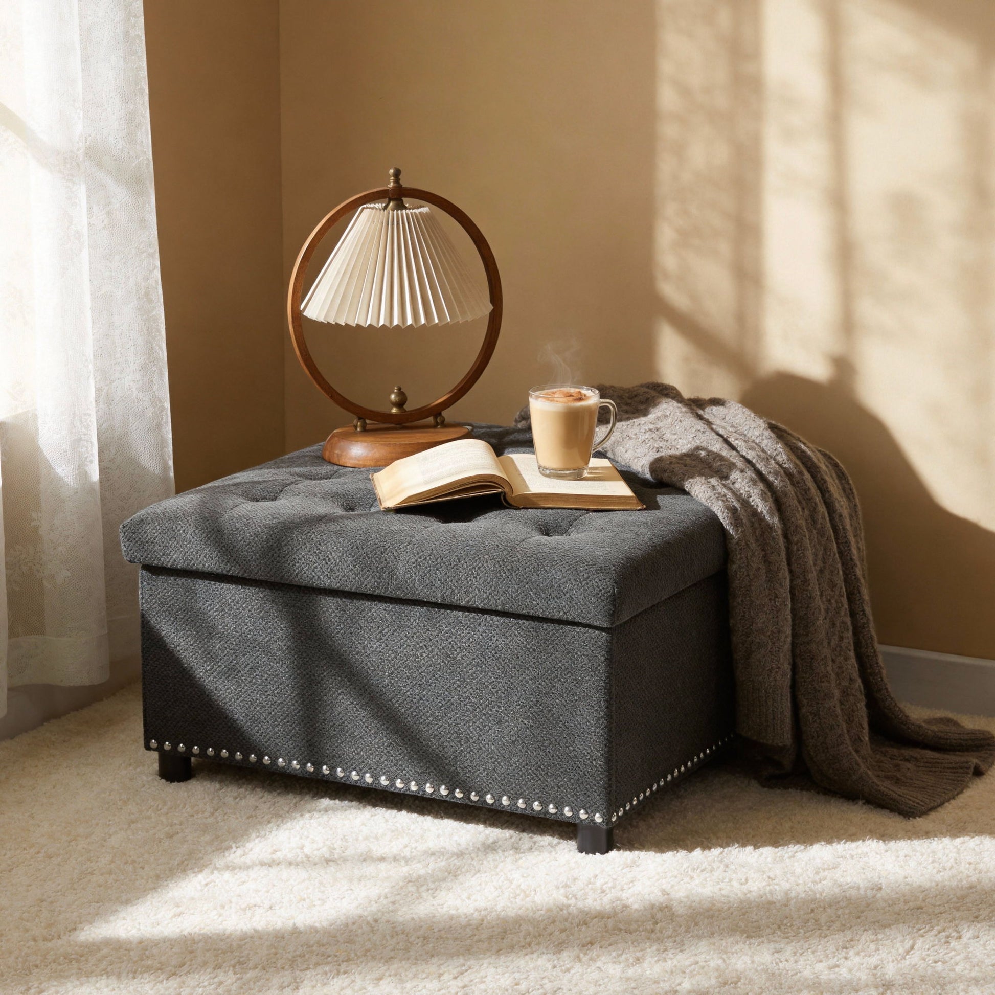 Square Tufted Storage Ottoman With Nailhead Trim Home Essentials