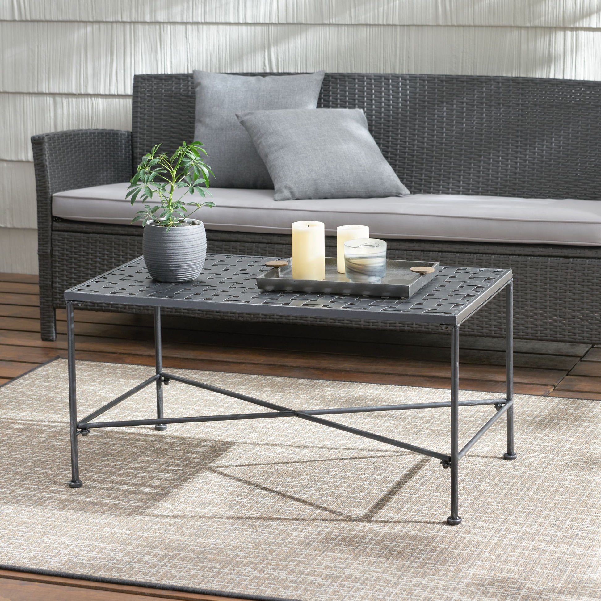 Luna - Outdoor Iron Coffee Table - Black Brush Silver Noble House