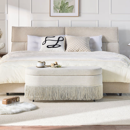 Oval Upholstered Storage Ottoman With Fringe Trim & Lift Top Lid Home Essentials
