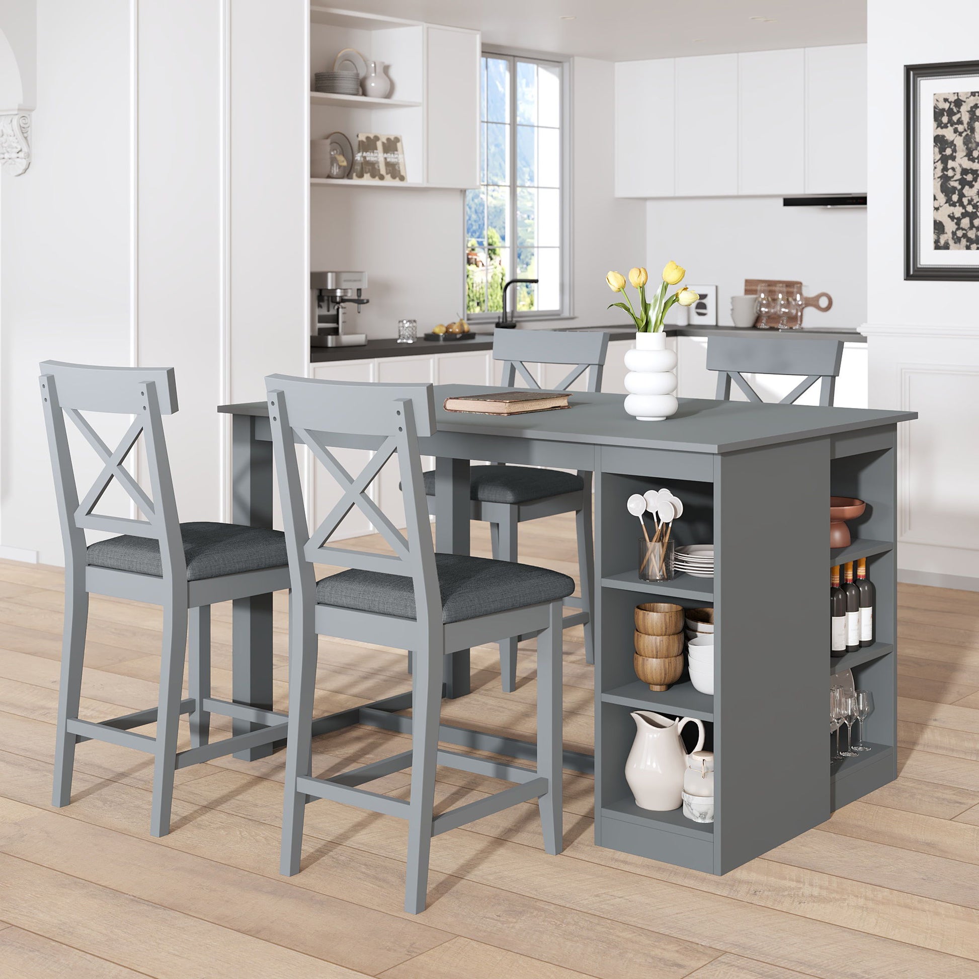 Solid Wood Farmhouse Counter Height Dining Table Set With 3 Tier Storage Shelves Hearth and Haven