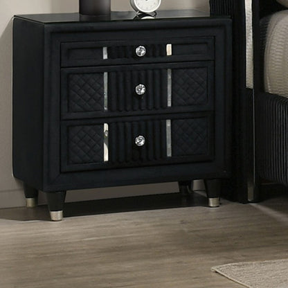 1 Piece Nightstand Upholstery Textured Look Luxurious Feel Drawer Fronts Crystal Style Knobs - Black Home Essentials