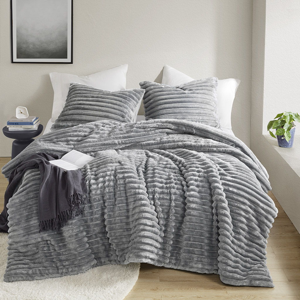 Avril - Twin/Twin Long Fluffy Ribbed Plush Comforter Set - Gray Super Listing