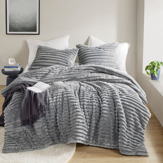 Avril - Full/Queen Fluffy Ribbed Plush Comforter Set - Gray Super Listing