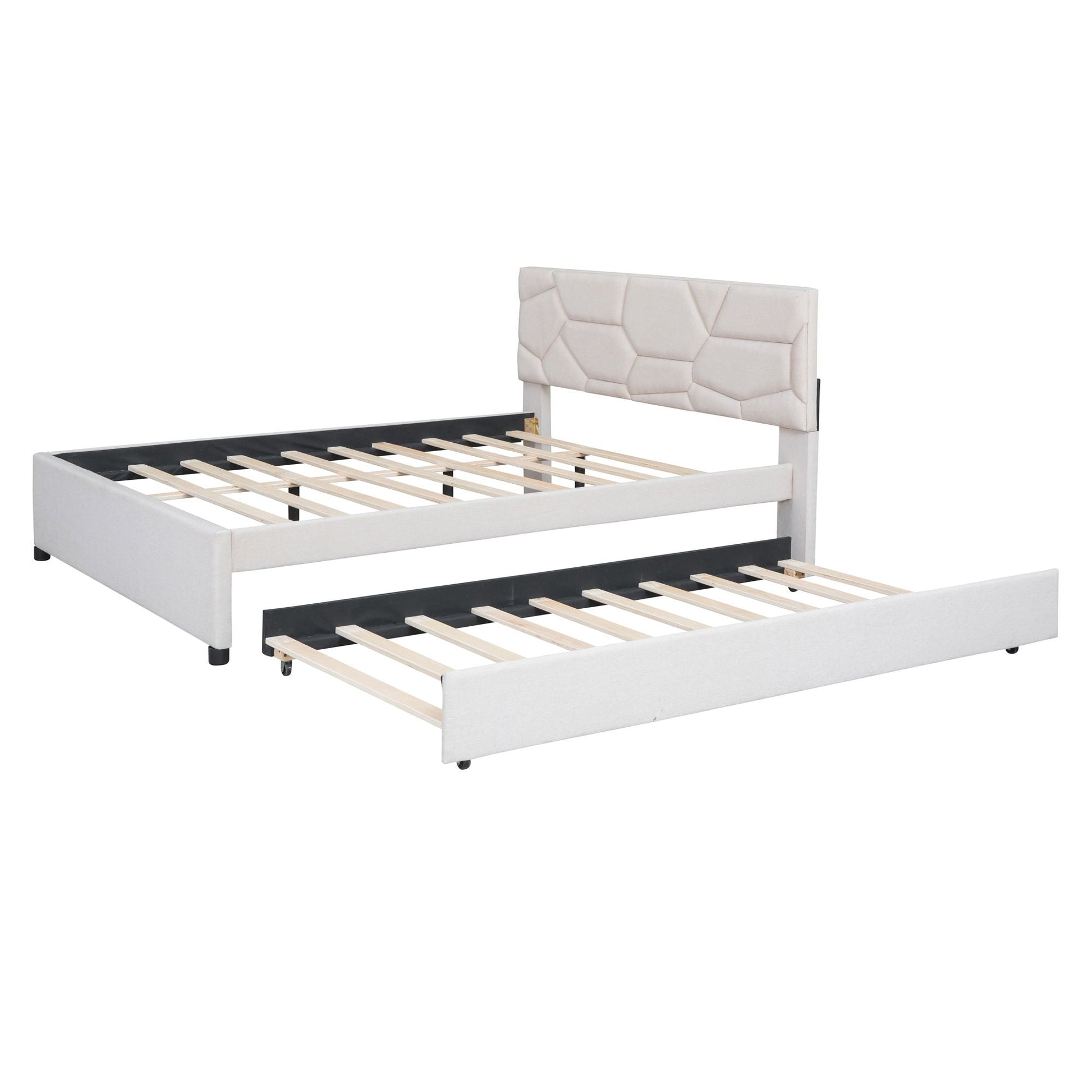 Upholstered Platform Bed With Brick Pattern Headboard And Twin Long Size Trundle Halcyon Home