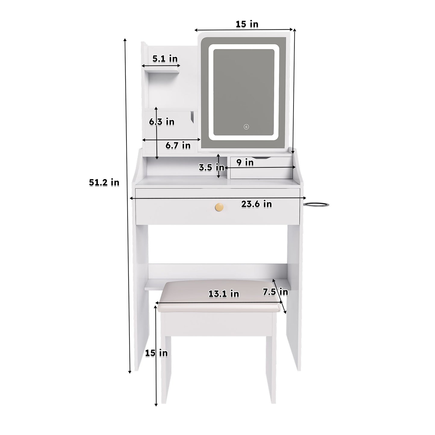 LED Vanity Mirror With Stool, 2 Drawers & 5 Storage Cabinets, Adjustable Lighting Mdf Dressing Table For Bedroom - White Home Essentials