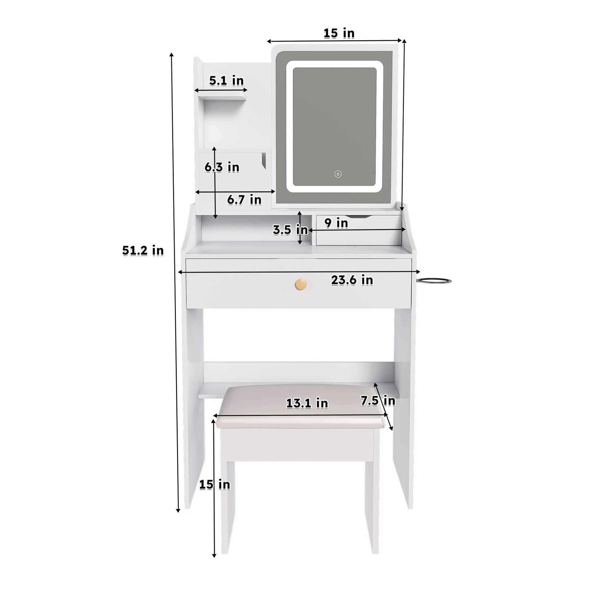 LED Vanity Mirror With Stool, 2 Drawers & 5 Storage Cabinets, Adjustable Lighting Mdf Dressing Table For Bedroom - White Home Essentials